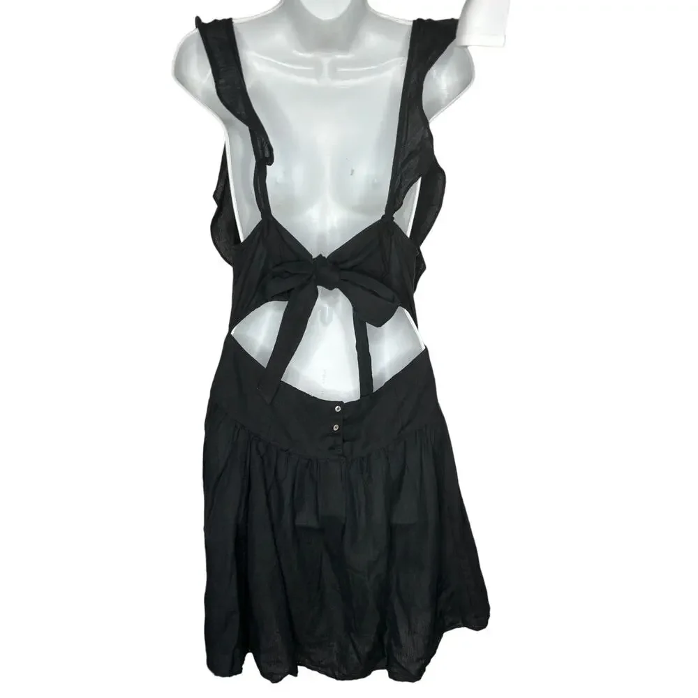Free People Erin Ruffle Backless With Bow Tie Detail Mini Dress XS Black Cotton